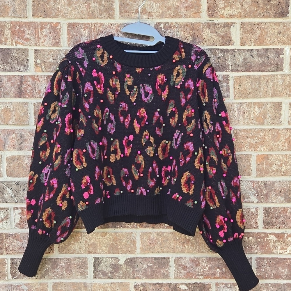 Farm Rio Beaded Leopard Pattern Sweater Size M - Picture 4 of 8